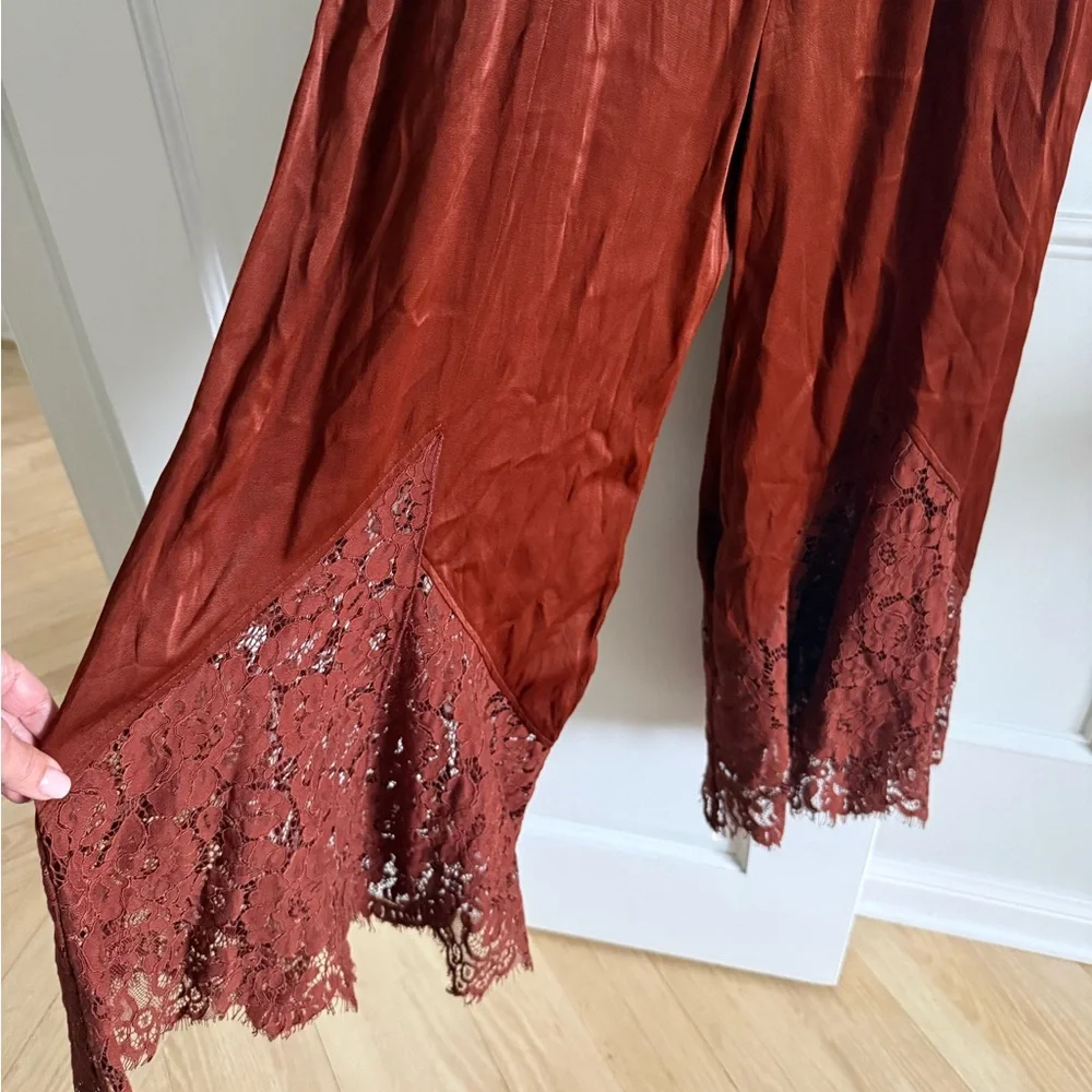 By Anthropologie Lace Mix Jumpsuit red rusty brown 2 - Picture 9 of 10